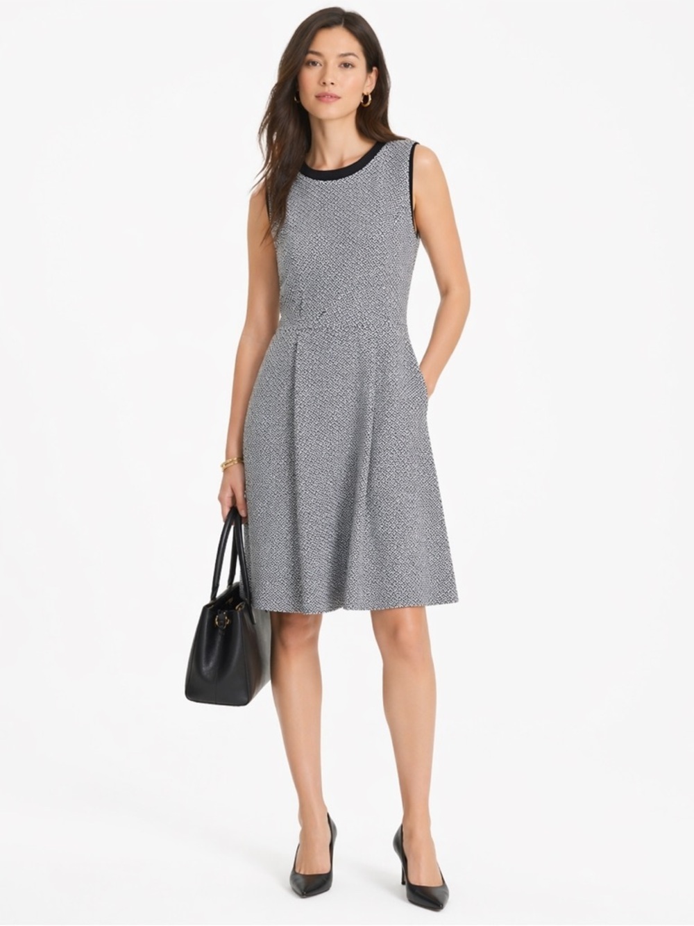 Classiques Entier Dress 10 Black White Geometric Knit Fit & Flare Career Classic